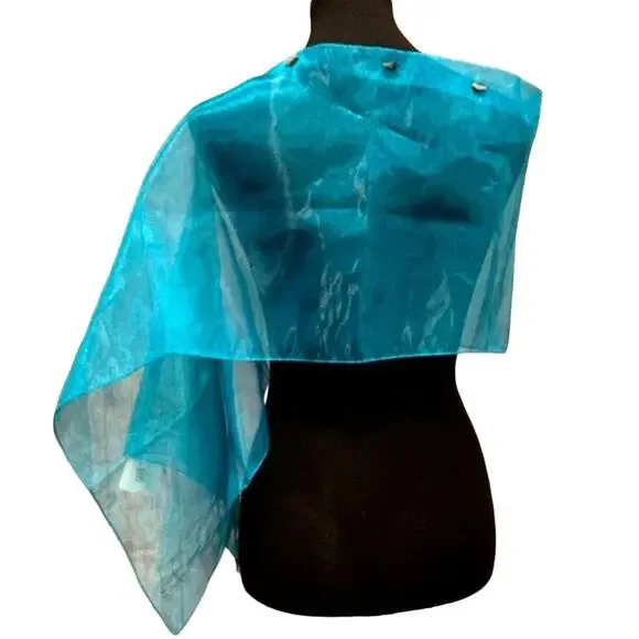 Handmade Upcycled Shiny Beaded Aqua Blue Lightweight Formal Sheer Poncho - Picture 2 of 8
